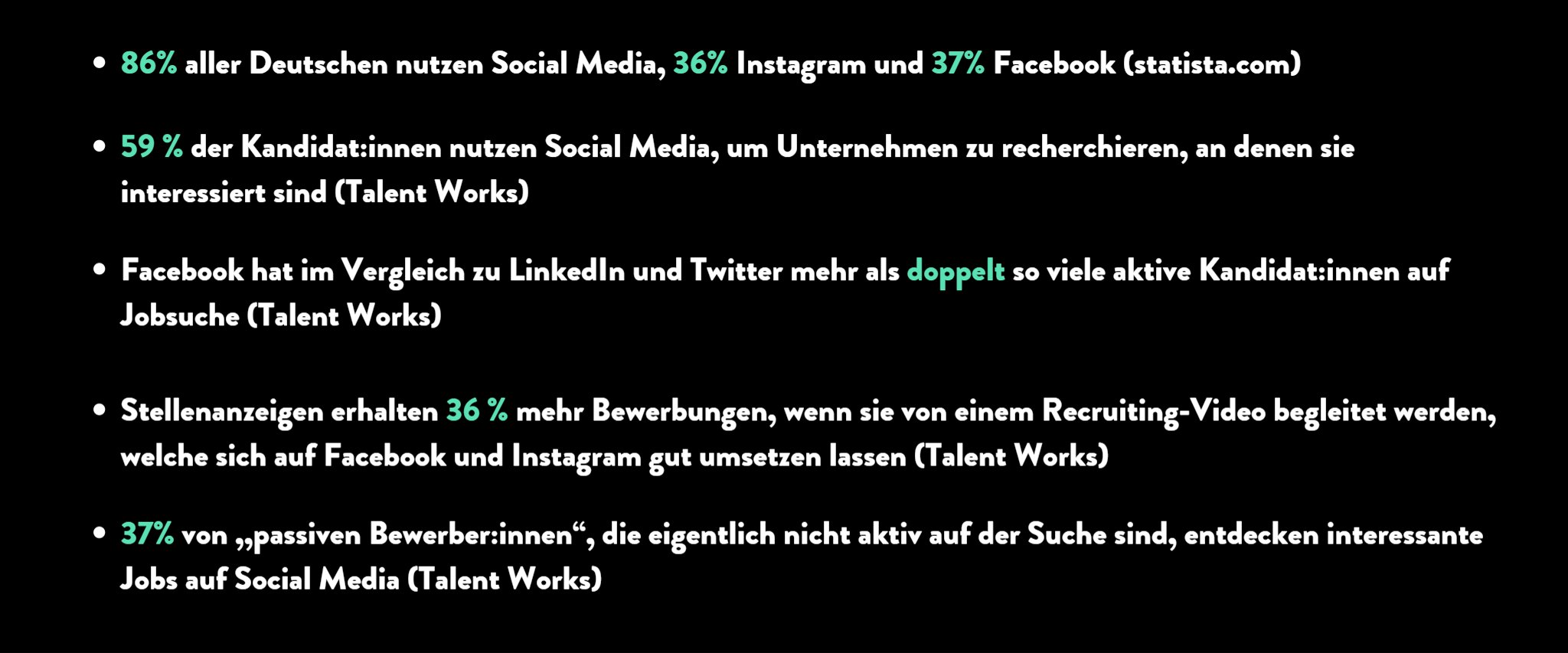 Stickpunkte mit Prozentzahlen die zeigen, inwiefern Social Media für ein Unternehmen relevant ist