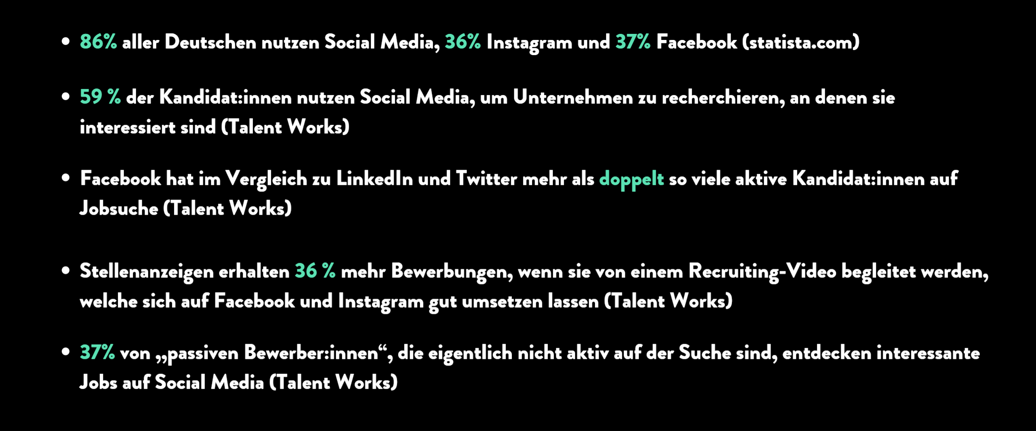 Stickpunkte mit Prozentzahlen die zeigen, inwiefern Social Media für ein Unternehmen relevant ist 