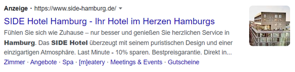 Brandkampagne auf Google des SIDE Hotels in Hamburg