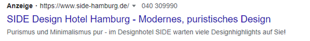 Spezialkampagne auf Google des SIDE Hotels in Hamburg